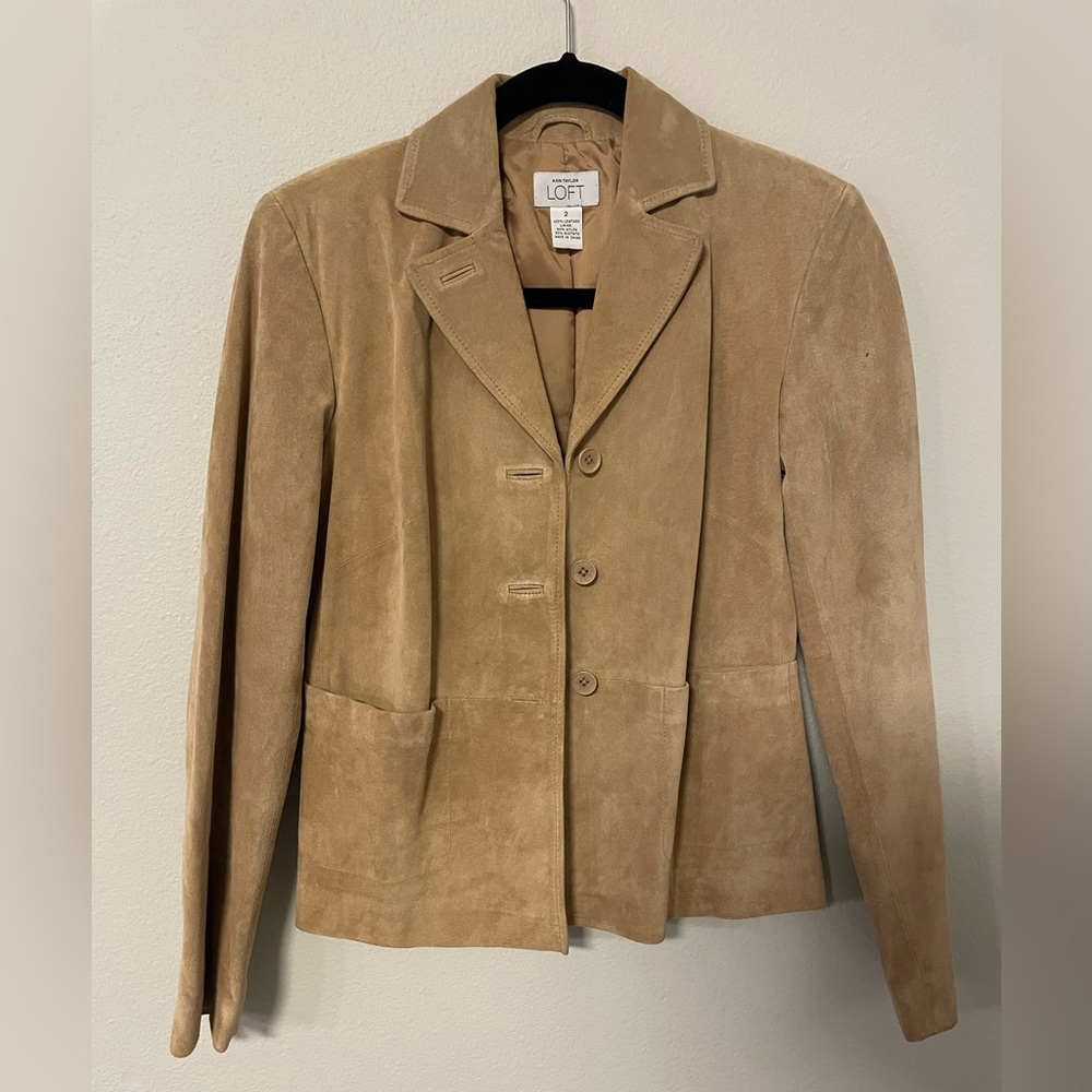Ann Taylor LOFT Tan, Suede, 100% Leather, Button Up, Blazer Jacket.